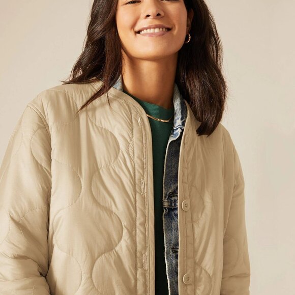 NWOT Alpha Industries Long Quilted Liner Jacket in Beige Khaki Tan Camel Size S - Picture 3 of 10